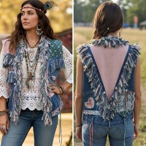 Handmade Upcycled Vintage Wrangler Jeans Fringe BOHO Chic Hippie Vest Size Large